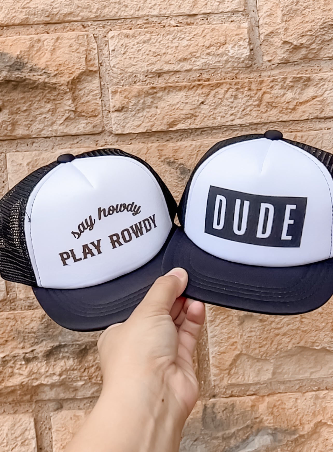 Flat Brim Trucker Hat - Say Howdy Play Rowdy - Black/White