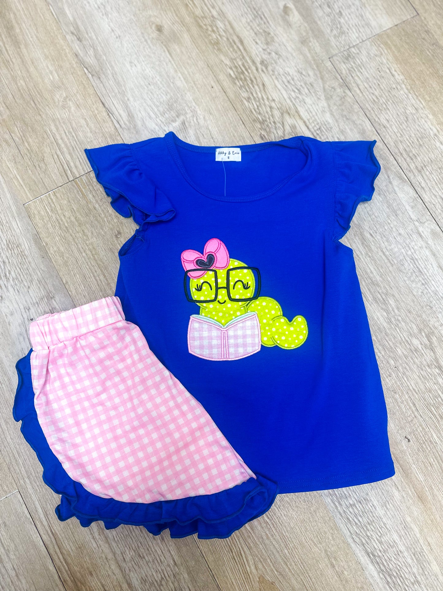 Blue Bookworm Applique Ruffle Shorts Set