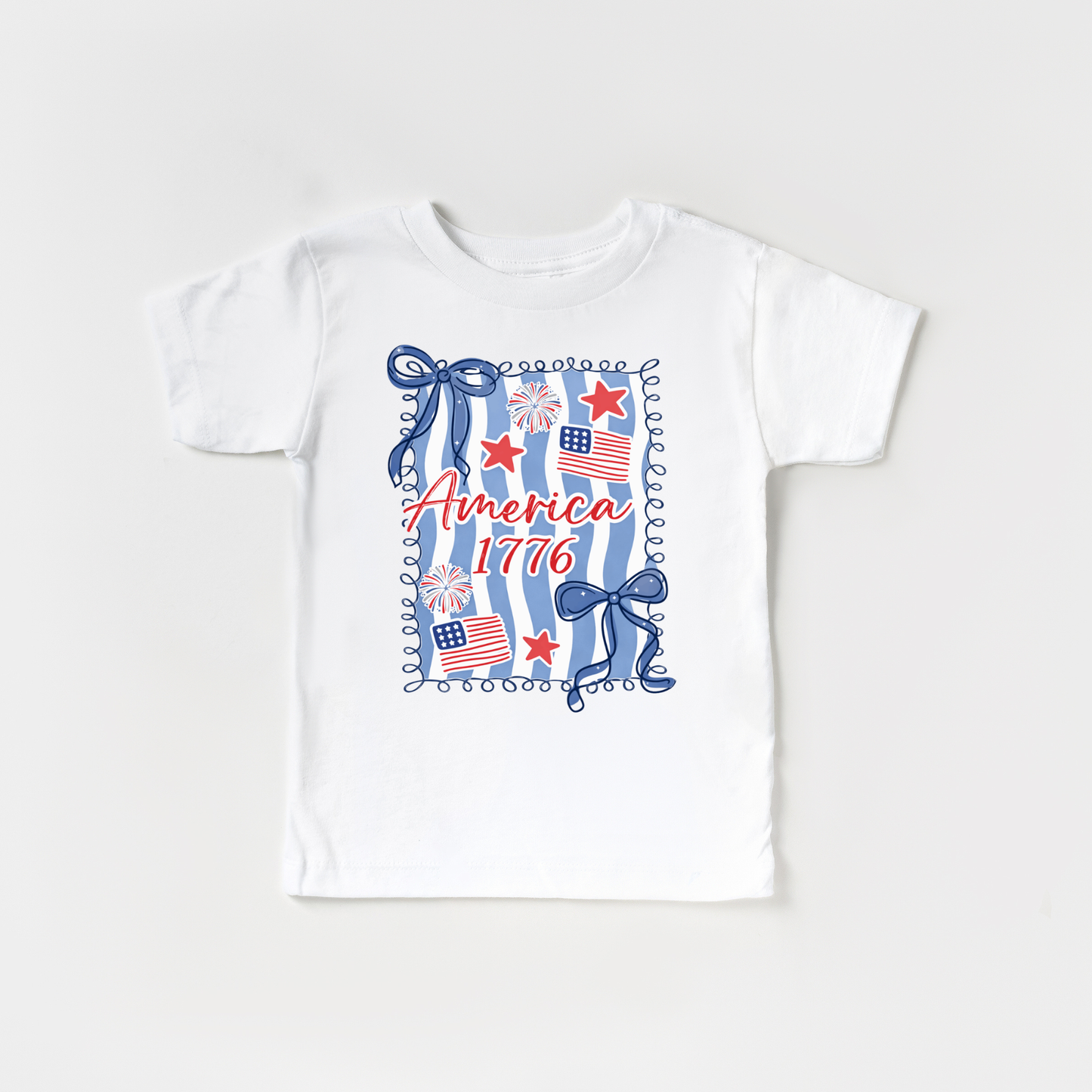 America 1776 Flag Bow 4th of July Kids Patriotic Shirt | White