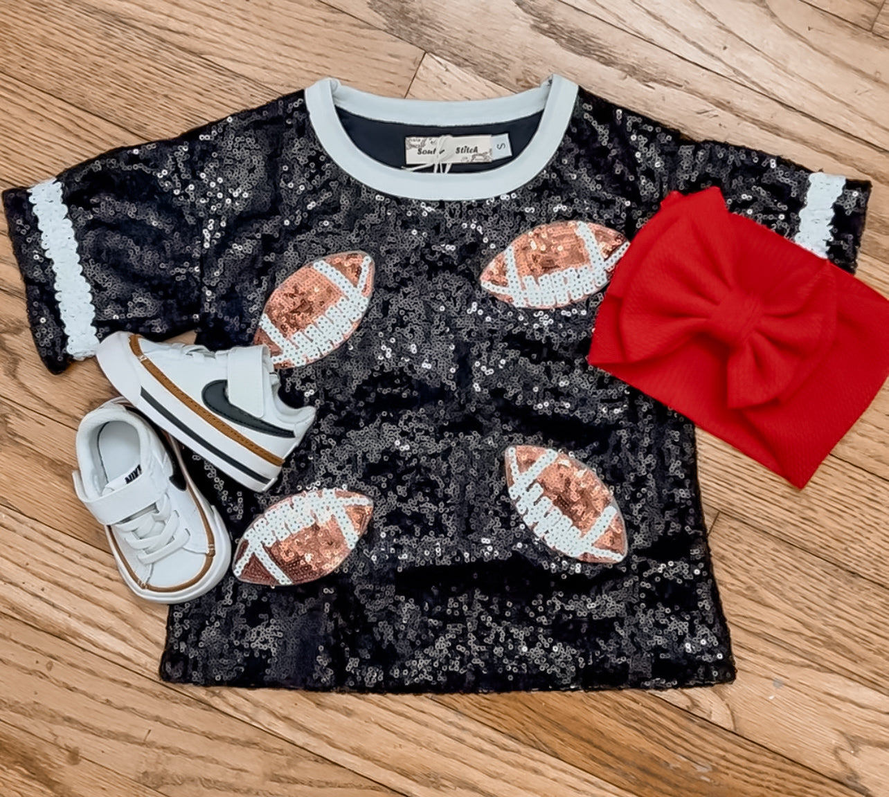 sequin football short sleeve girls top