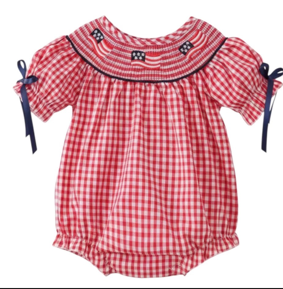 Red flag smocked gingham bubble
