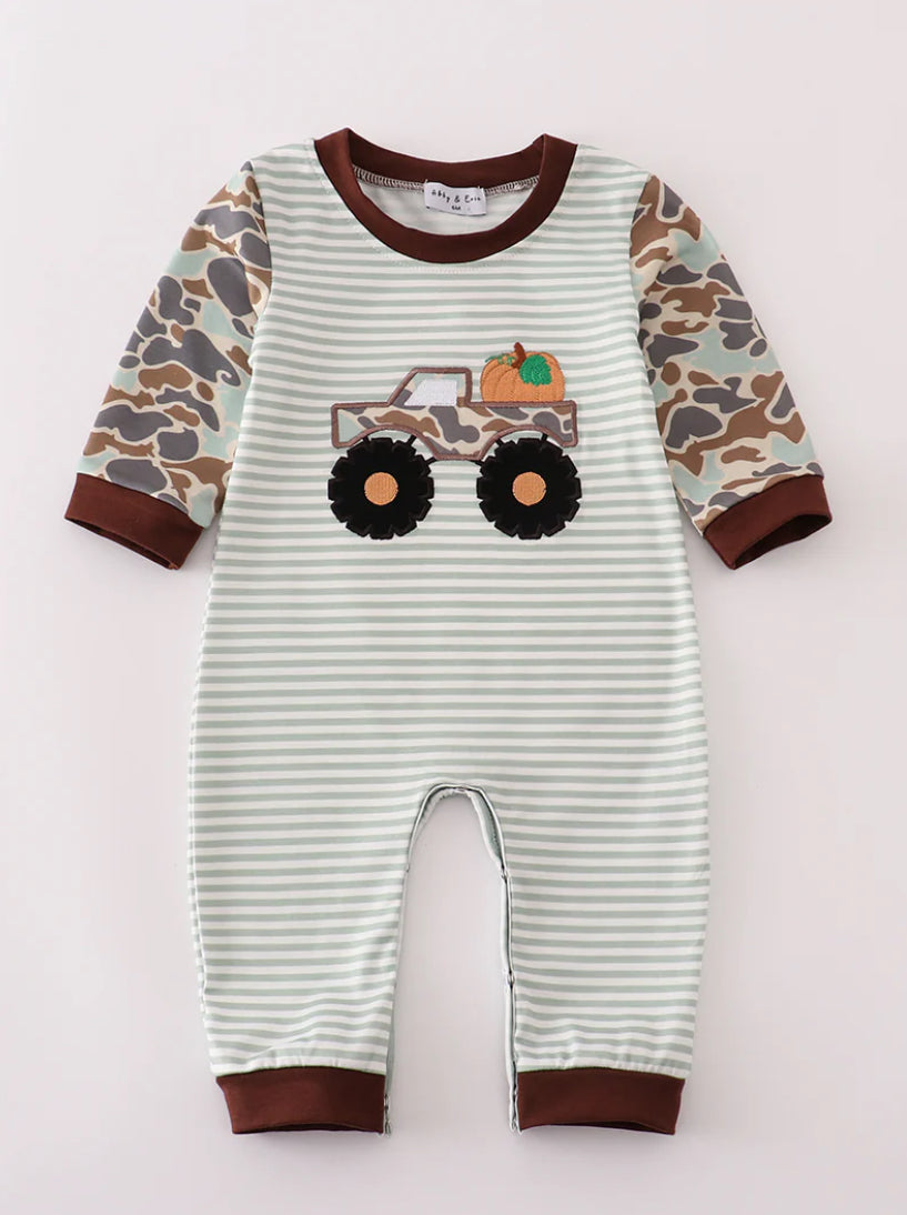Camo truck pumpkin romper