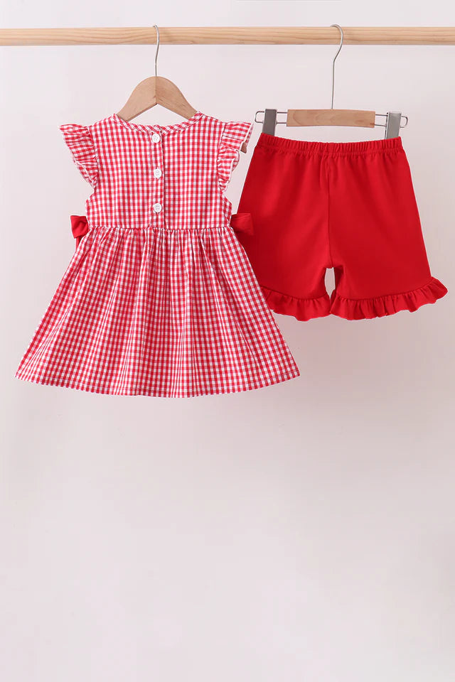 Red Apple Bow Smocked Gingham Ruffle Shorts Set