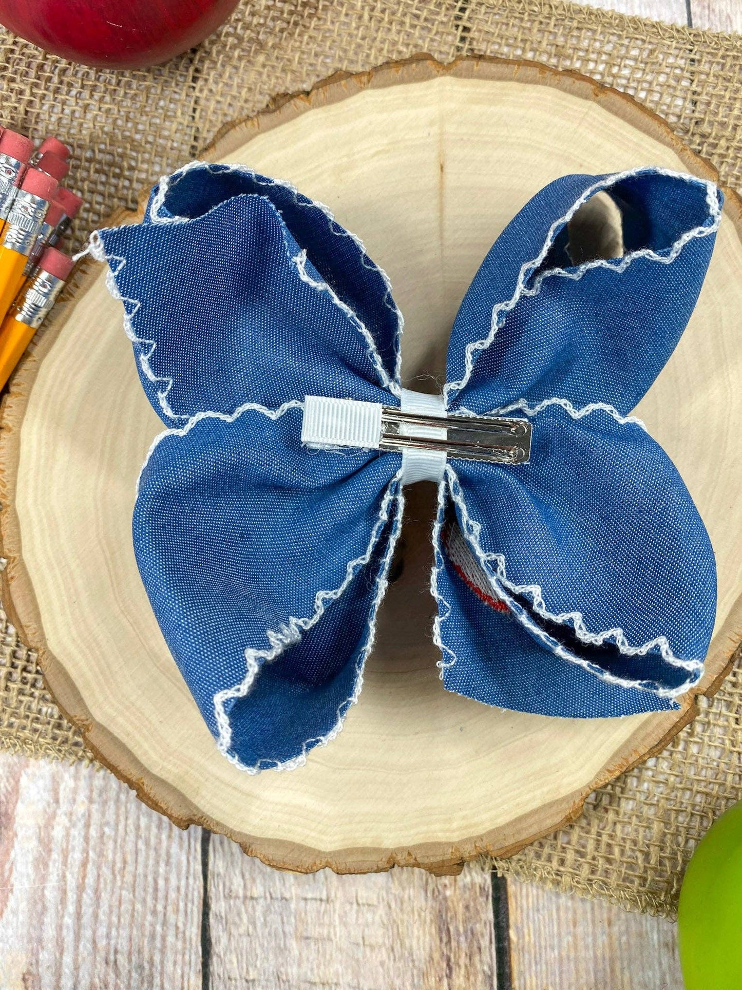 Denim Apple Embroidered Moonstitch Hair Bow
