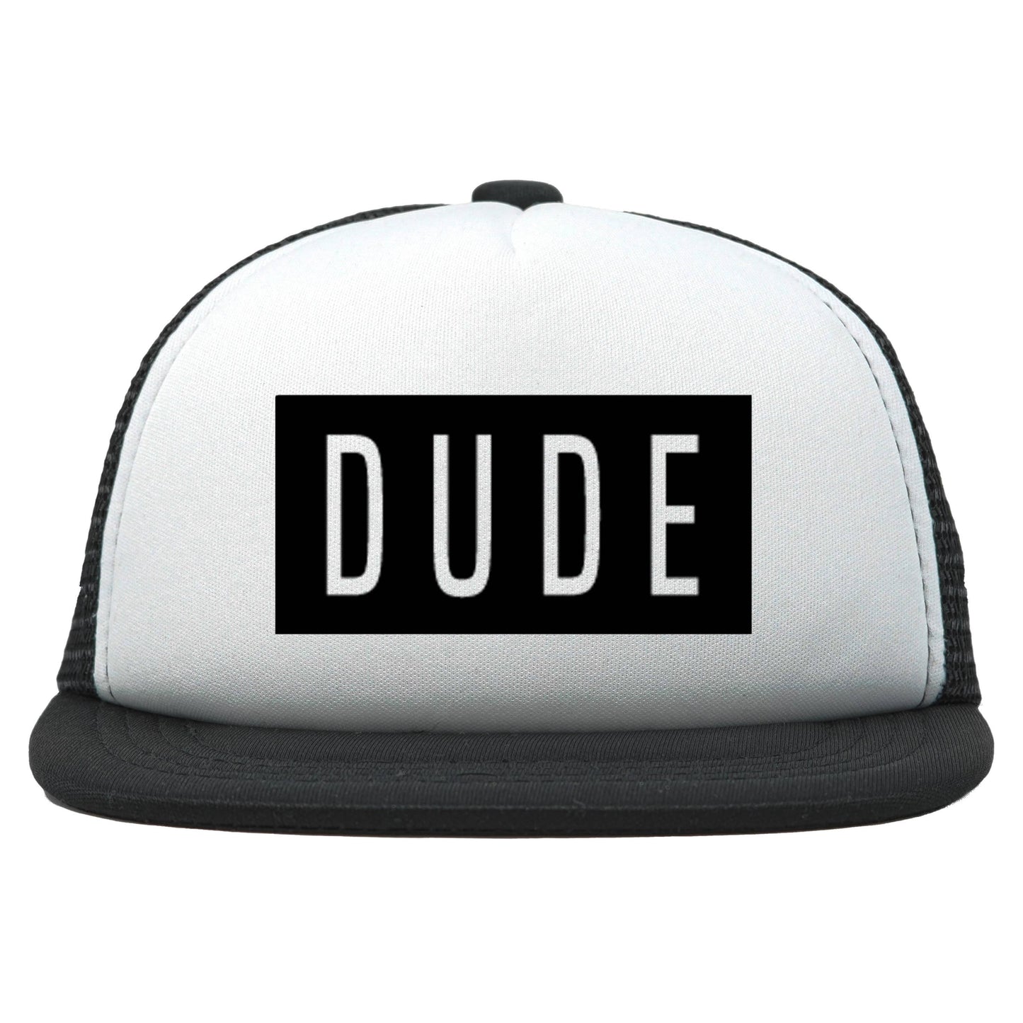 Flat Brim Trucker Hat - Dude - Black/White