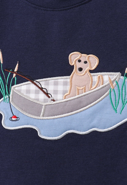 Navy Puppy Applique Seersucker Shorts Set
