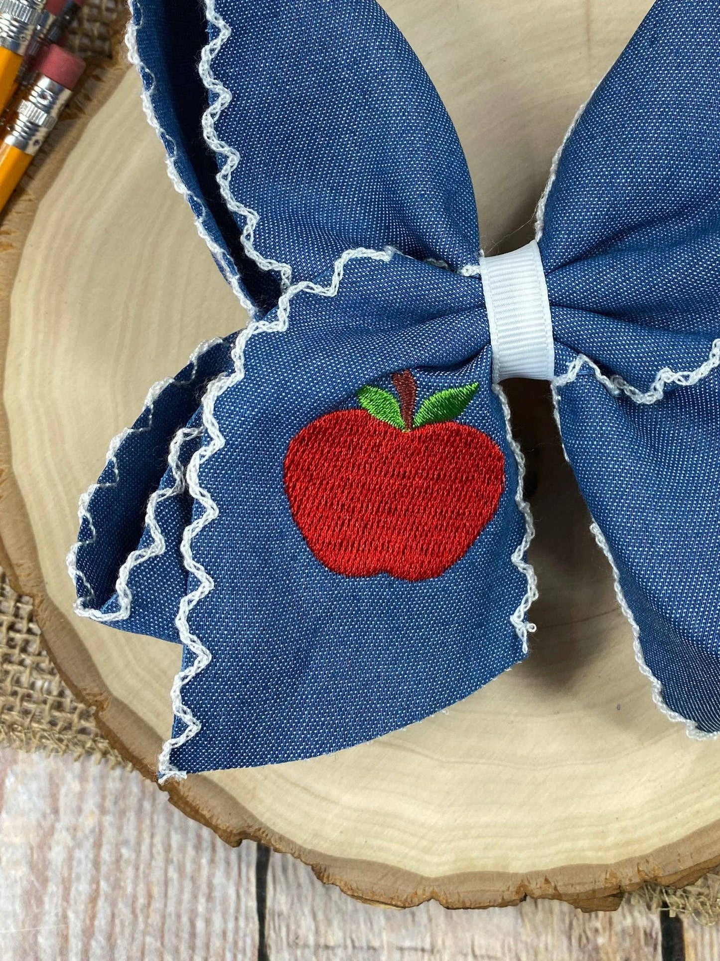 Denim Apple Embroidered Moonstitch Hair Bow