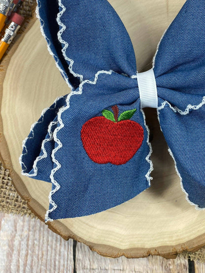 Denim Apple Embroidered Moonstitch Hair Bow