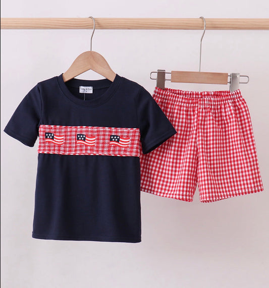 Red flag smocked gingham short set