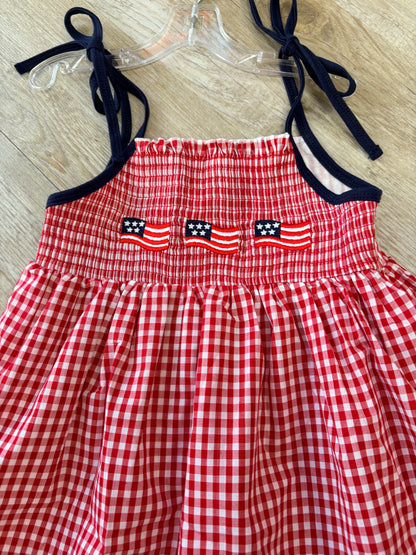 Red smocked gingham ruffle dress