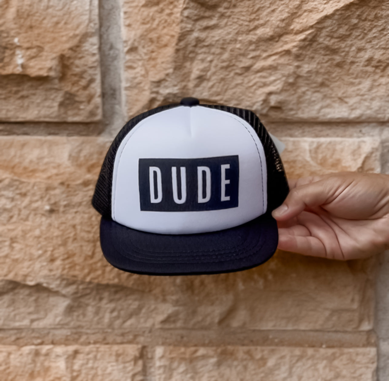 Flat Brim Trucker Hat - Dude - Black/White