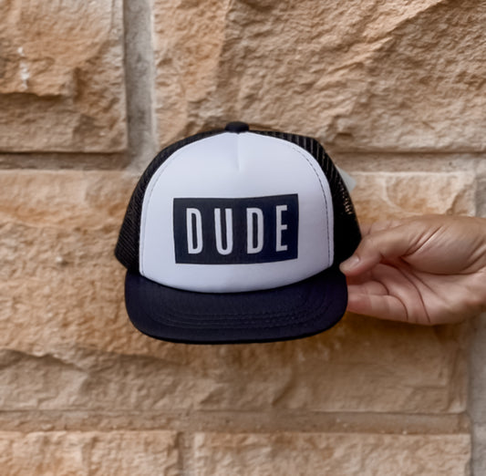 Flat Brim Trucker Hat - Dude - Black/White