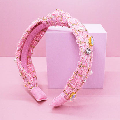 Embellished Knot Headband - Tweed Rhinestone Pearl