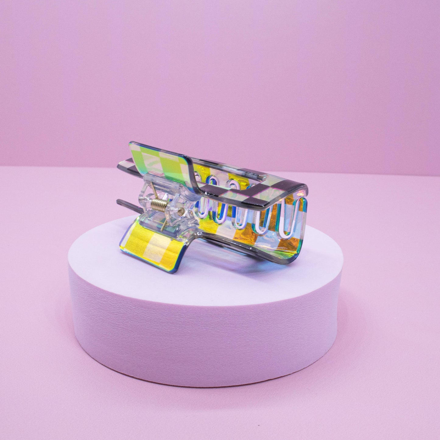 Medium Square Iridescent Checkered Hair Claw Clip