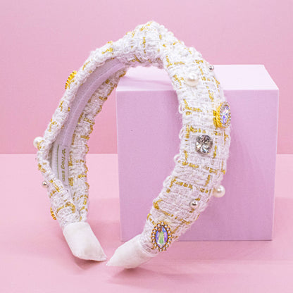 Embellished Knot Headband - Tweed Rhinestone Pearl