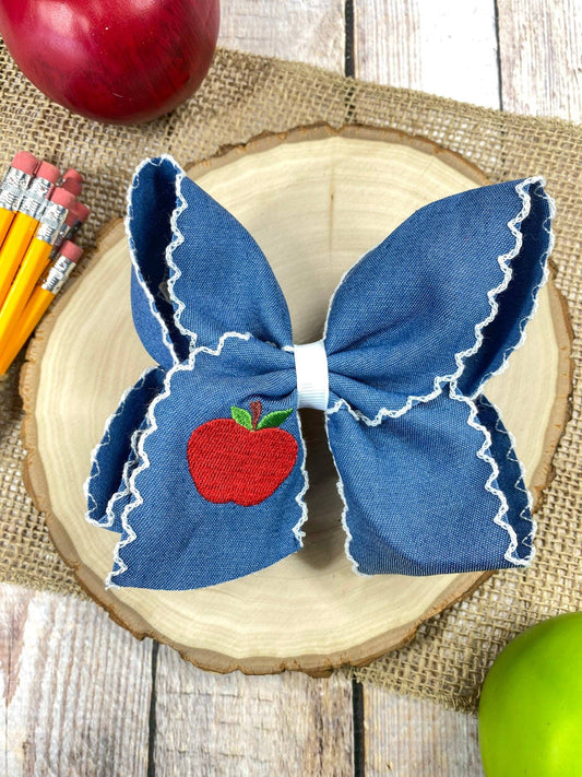 Denim Apple Embroidered Moonstitch Hair Bow
