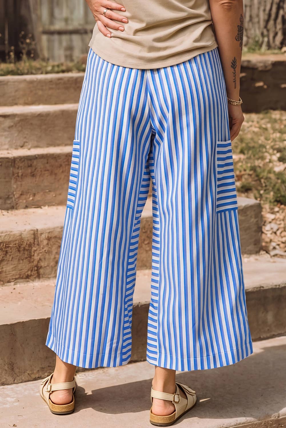 Stripe Drawstring Elastic Waist Patch Pocket Wide Leg Pants