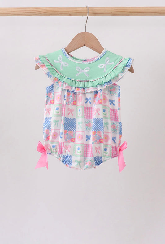 Green Bow Embroidered Checkered Bubble