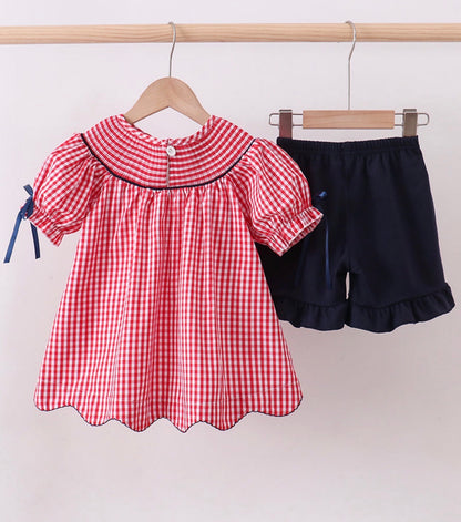 Red flag smocked gingham ruffle short set
