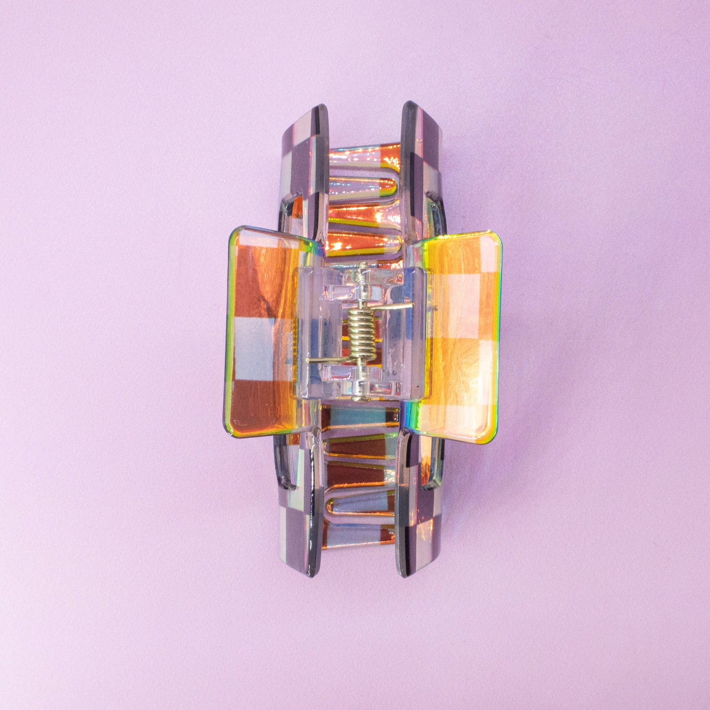 Medium Square Iridescent Checkered Hair Claw Clip
