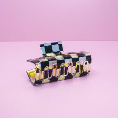 Medium Square Iridescent Checkered Hair Claw Clip