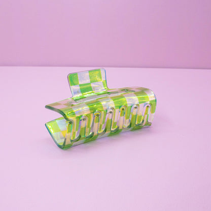 Medium Square Iridescent Checkered Hair Claw Clip