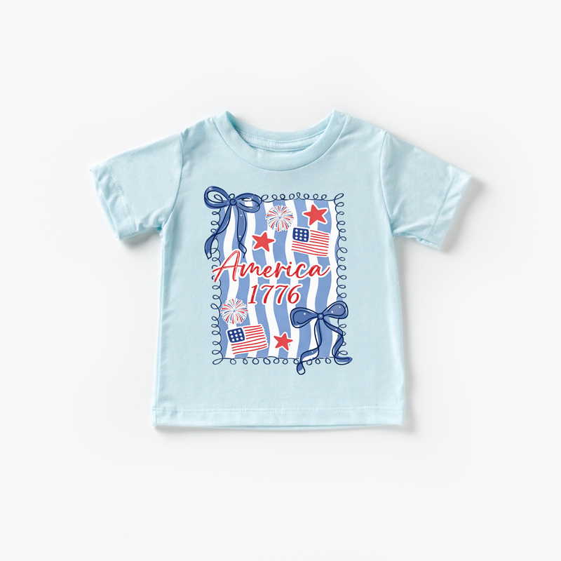 America 1776 Flag Bow 4th of July Kids Patriotic Shirt | Blue