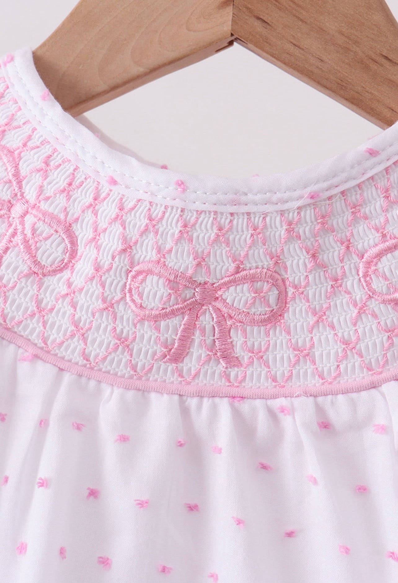Pink Bow Smocked Swiss Dot Bubble