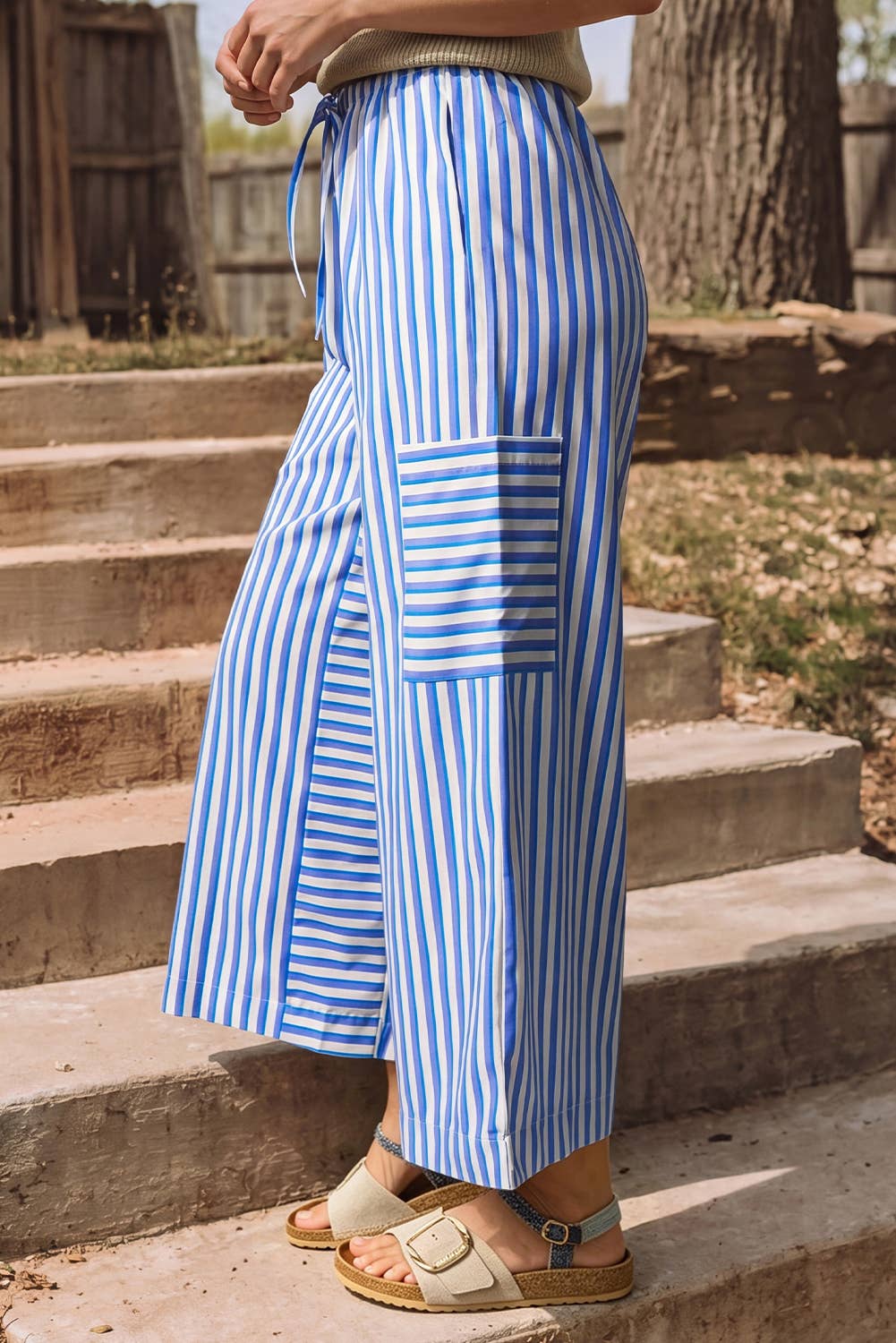 Stripe Drawstring Elastic Waist Patch Pocket Wide Leg Pants