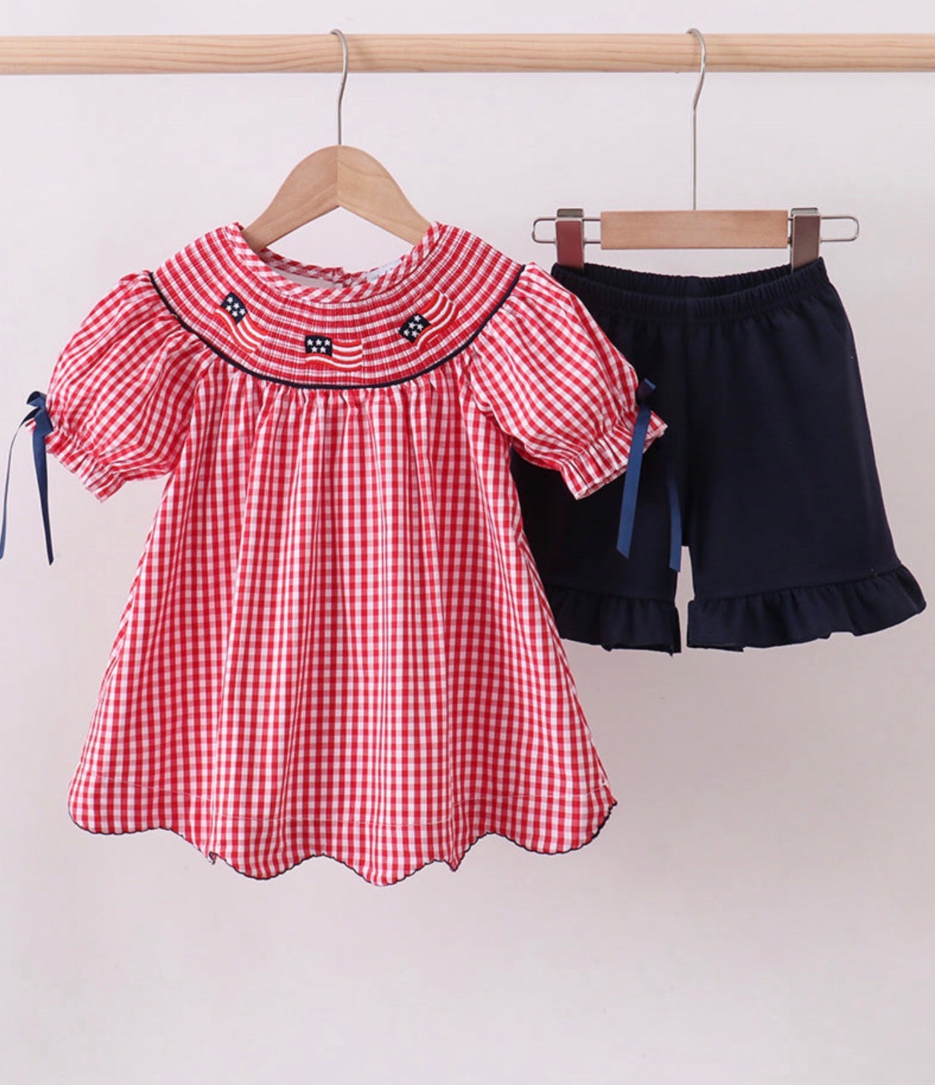 Red flag smocked gingham ruffle short set