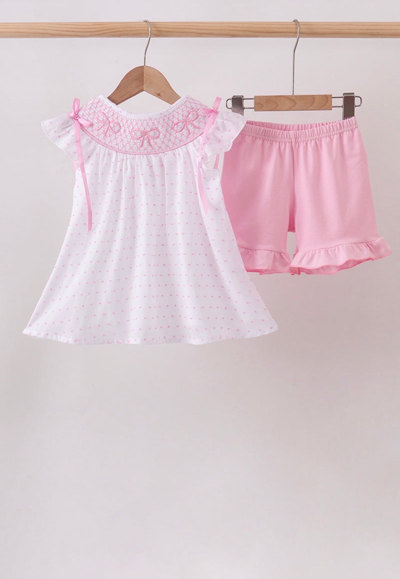 Pink Bow Smocked Swiss Dot Shorts Set