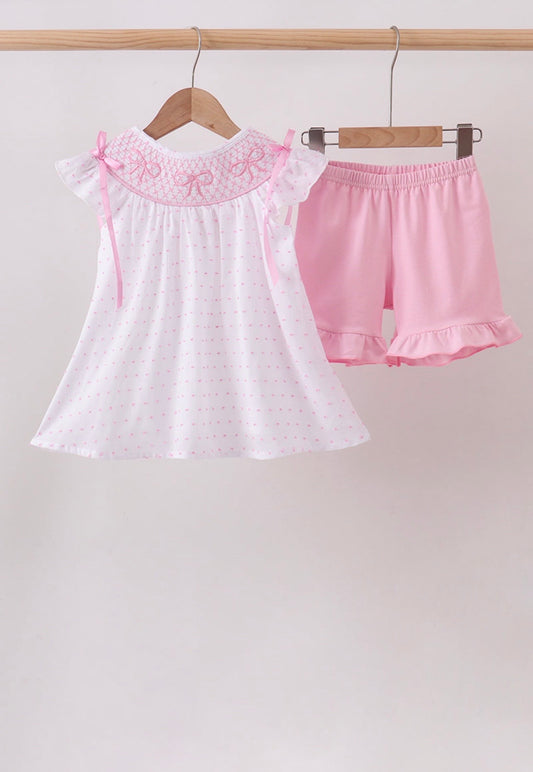 Pink Bow Smocked Swiss Dot Shorts Set