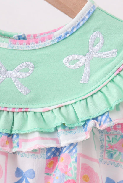 Green Bow Embroidered Checkered Bubble