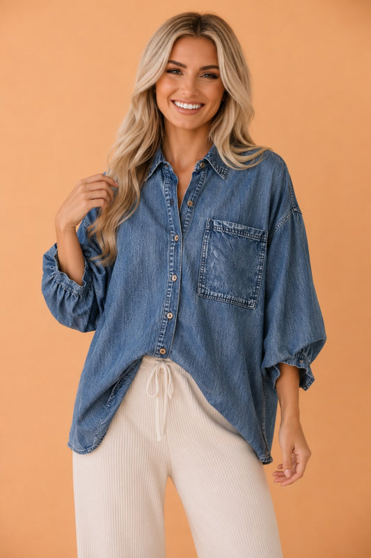 Denim 3/4 Sleeve Loose Buttoned Shirt