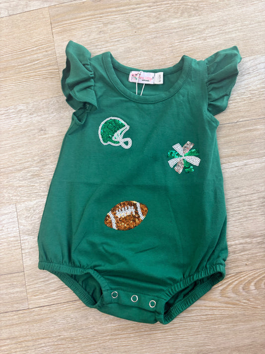 Green football sequin baby romper