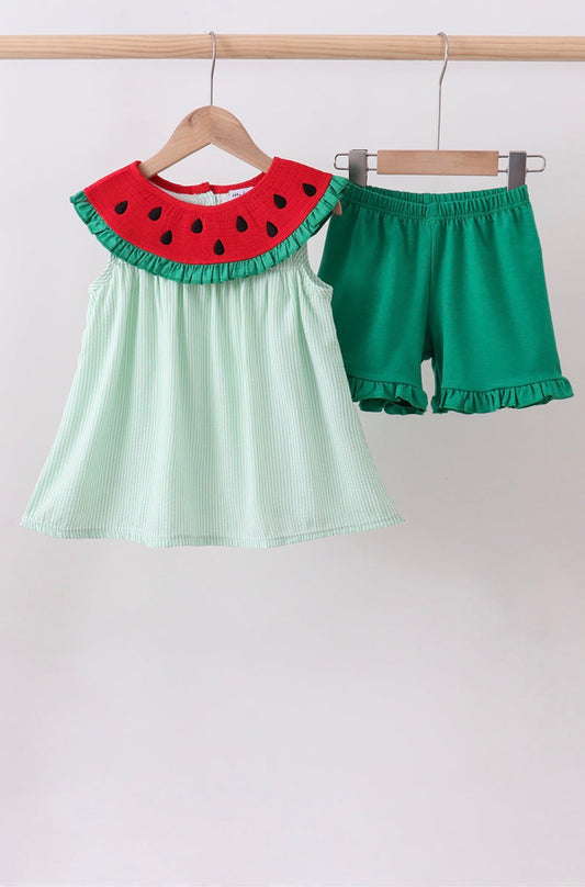 Green watermelon seersucker short set