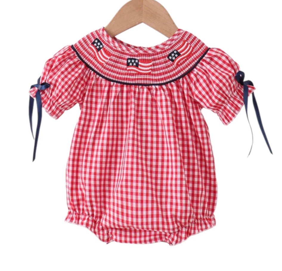 Red flag smocked gingham bubble