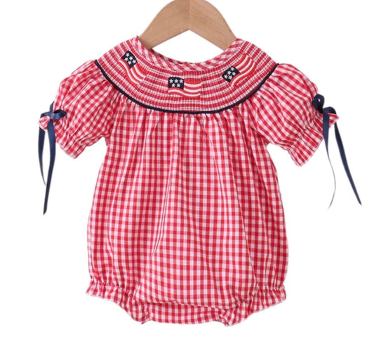 Red flag smocked gingham bubble