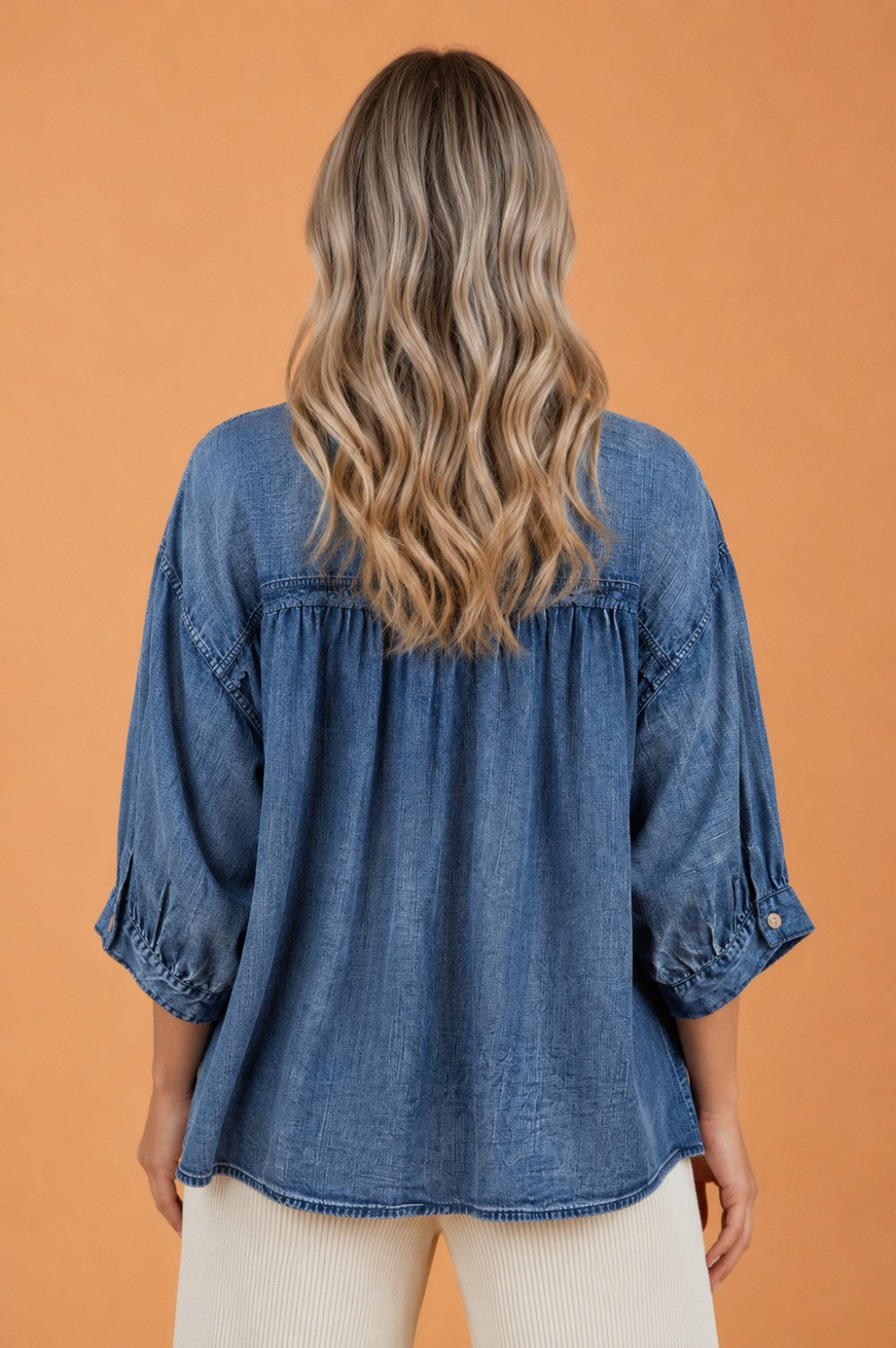 Denim 3/4 Sleeve Loose Buttoned Shirt