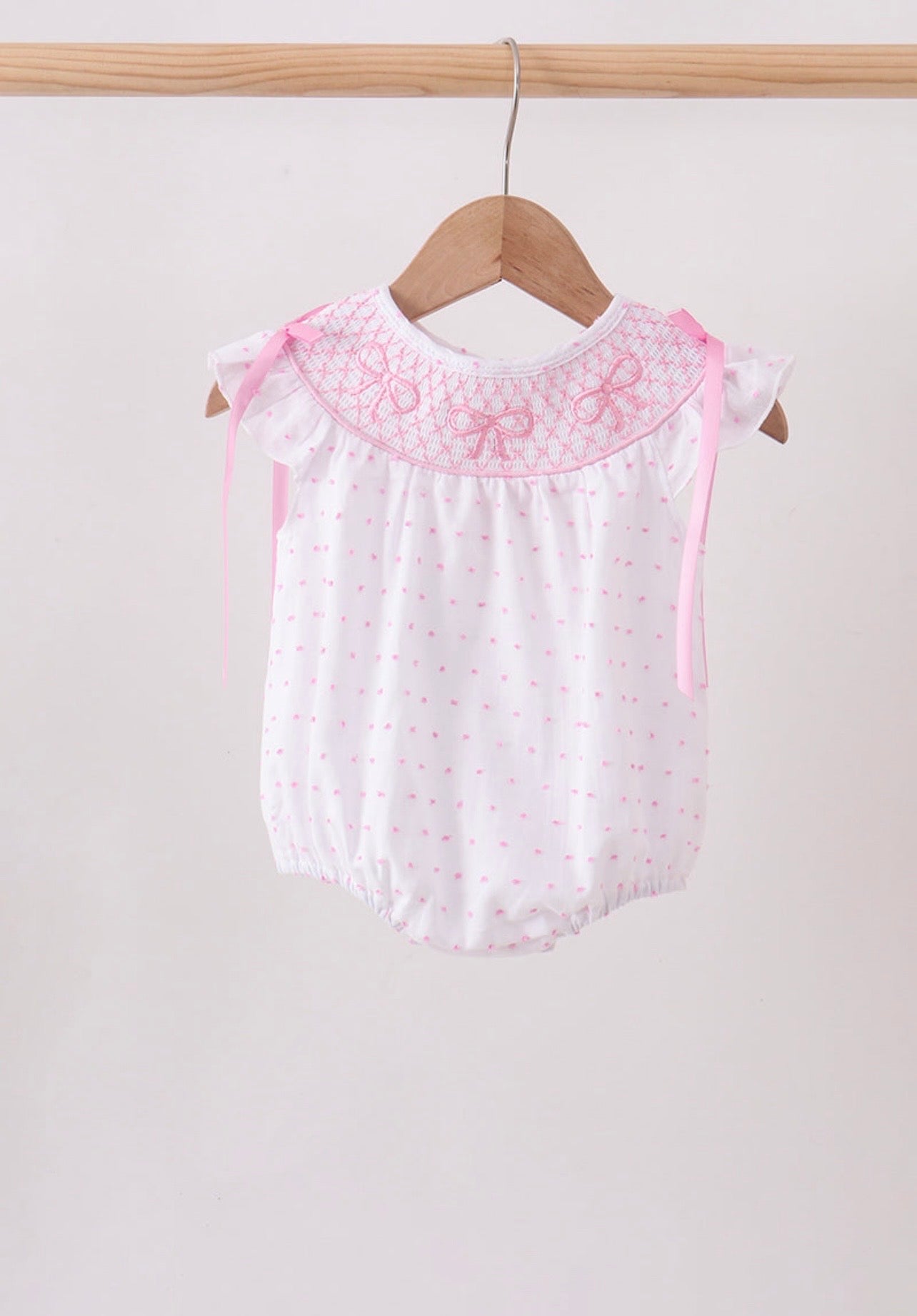 Pink Bow Smocked Swiss Dot Bubble