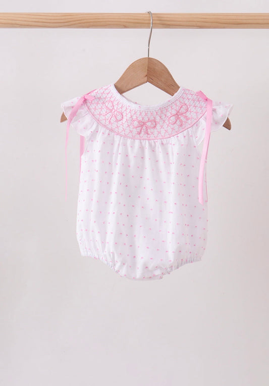 Pink Bow Smocked Swiss Dot Bubble