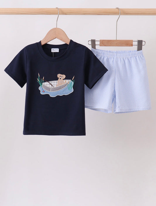 Navy Puppy Applique Seersucker Shorts Set