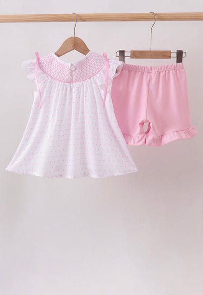 Pink Bow Smocked Swiss Dot Shorts Set