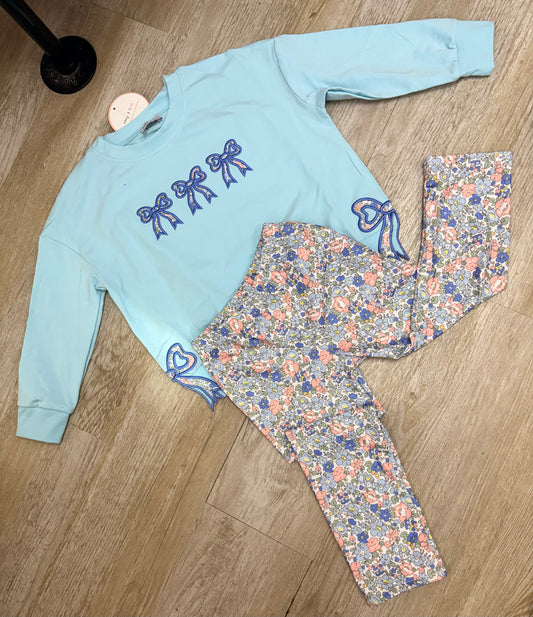 Blue Floral Bow Pant Set