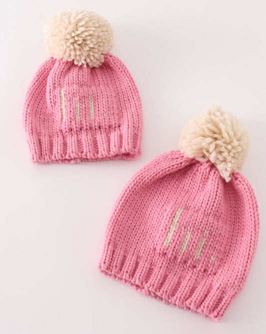 Pink pompom hi cable beanie