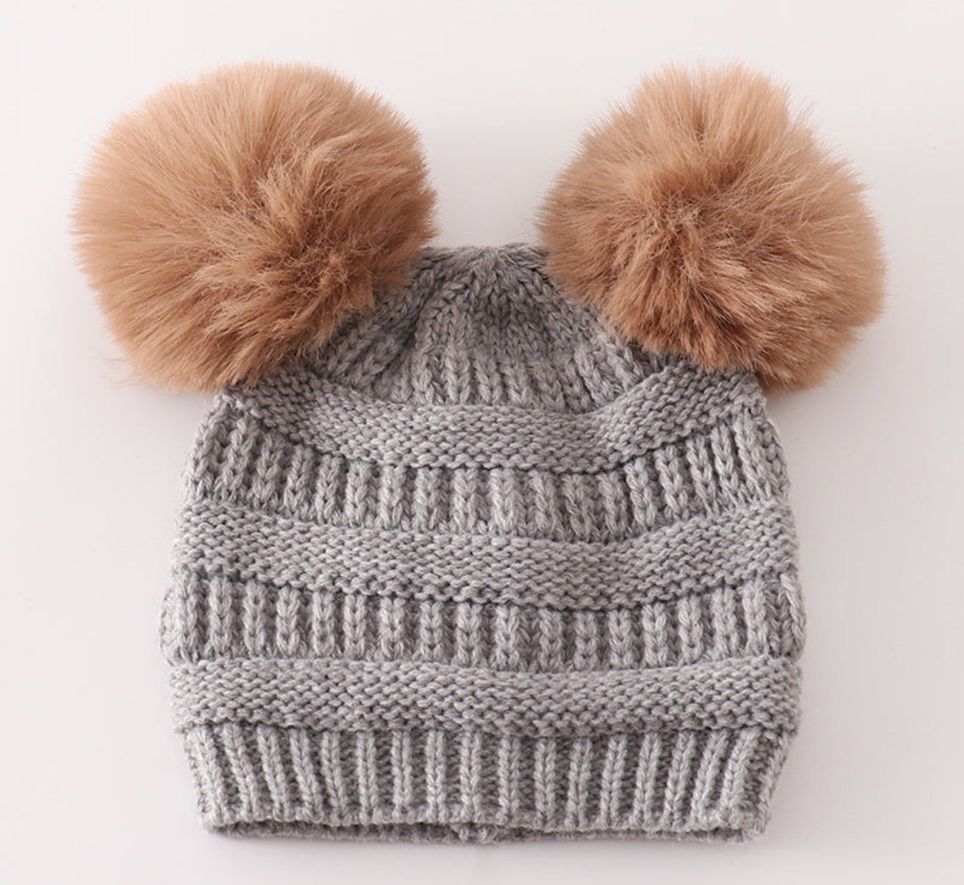 Light grey double pompom cable beanie
