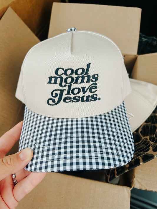 Cool Moms Love Jesus Trucker- Gingham Print Beige/Black