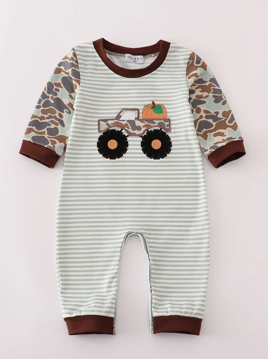 Camo truck pumpkin romper
