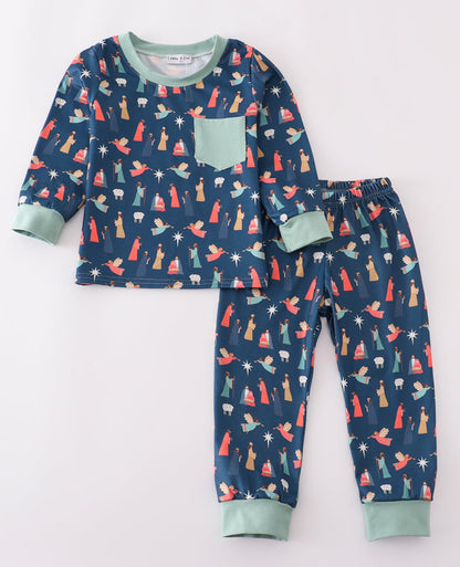 Navy Nativity print pant set