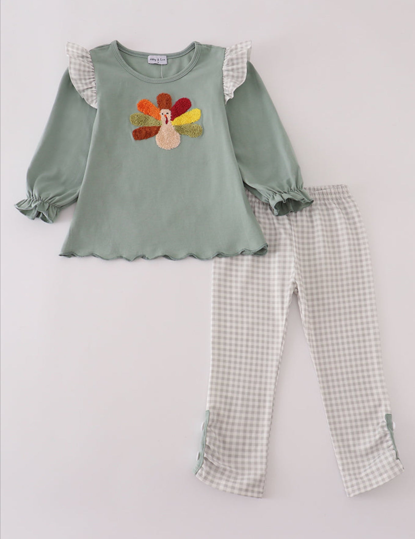 Sage turkey French knot ruffle pant set